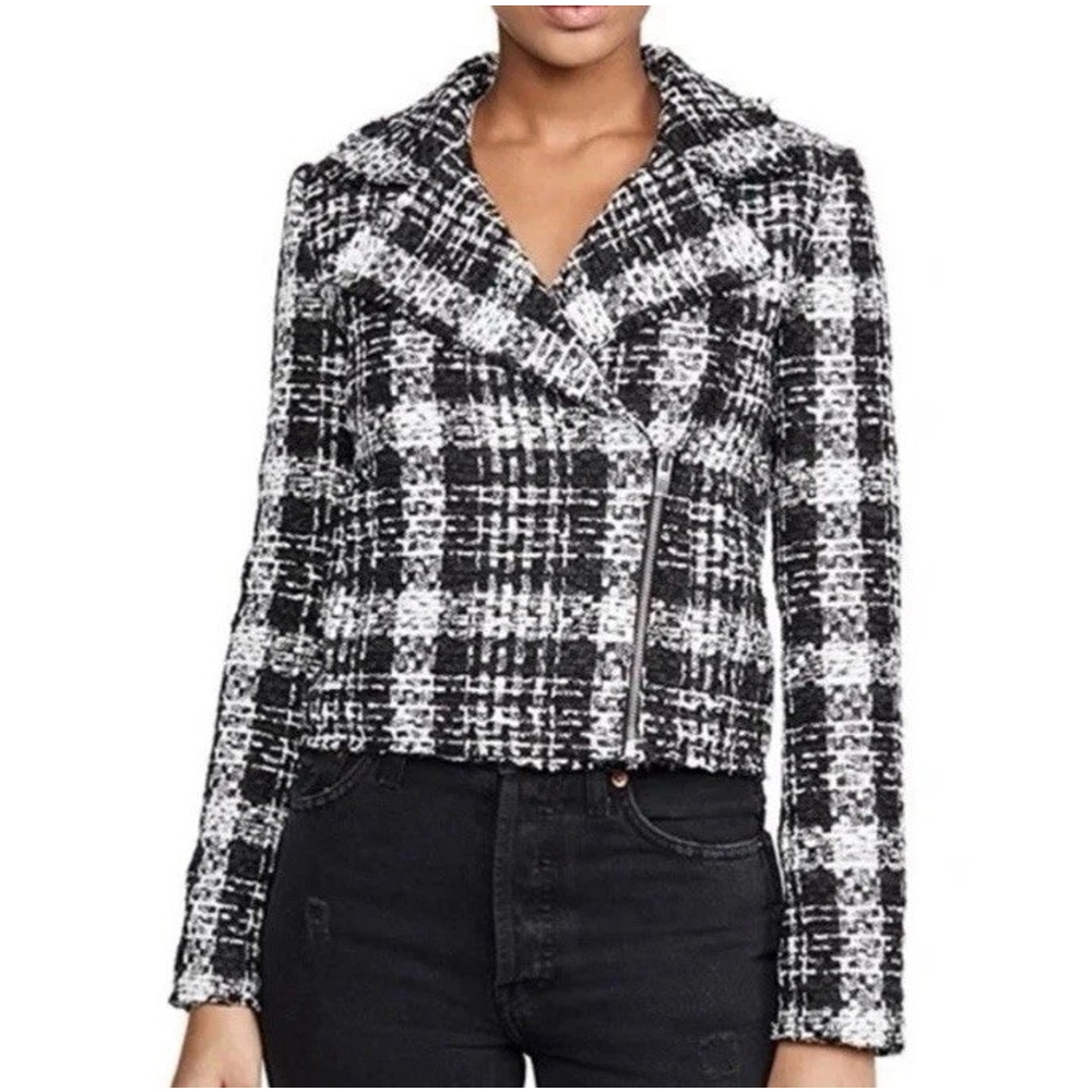 Theory Slim Crop Moto Jacket Blazer Size:2 Black White Rubber Plaid Tweed $565